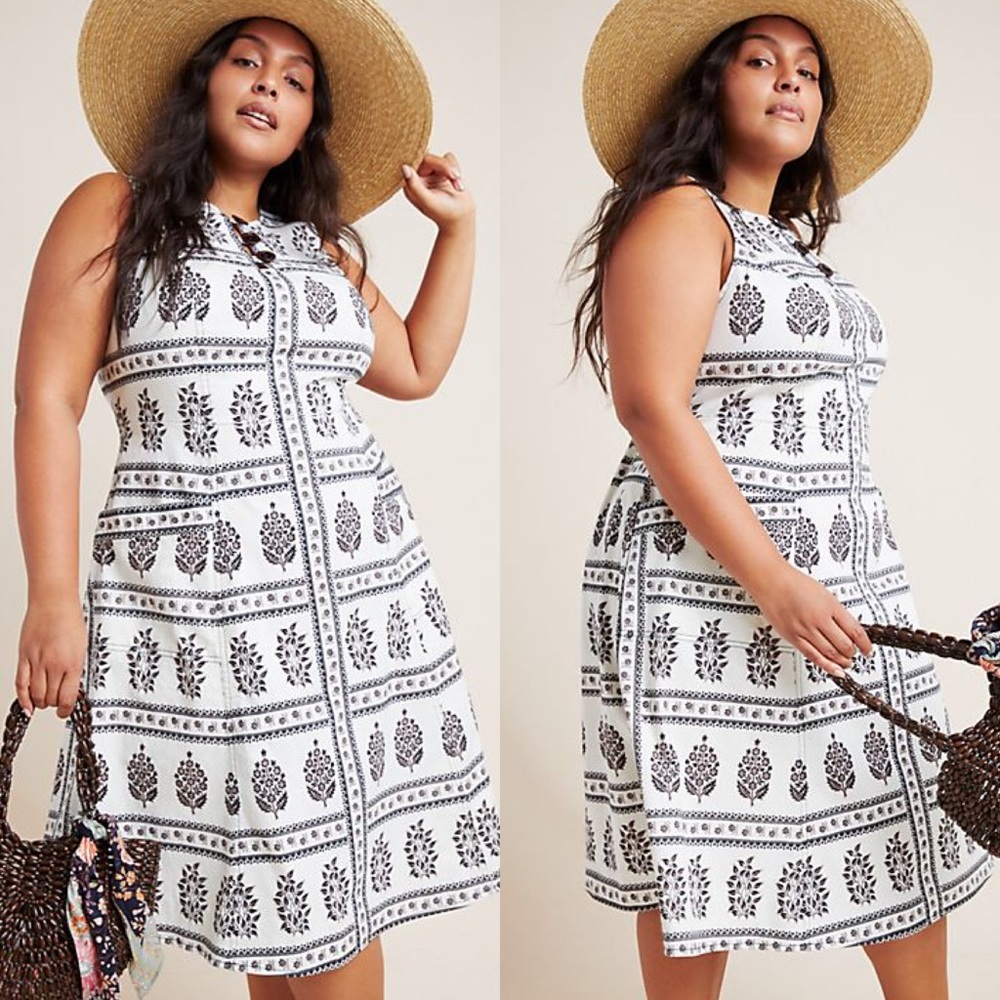 Anthropologie Woodblock Floral Midi Dress Pockets